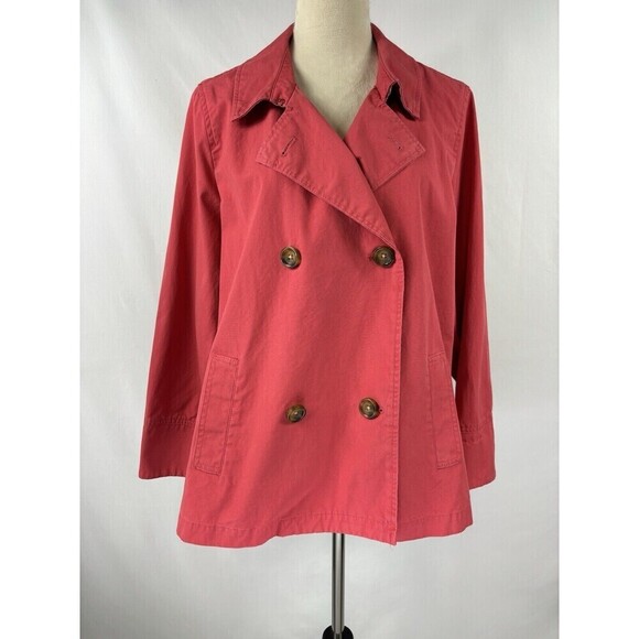 J Jill Rain Trench Coat Red Large Hip Length Double Breasted Swing Jacket - Picture 1 of 9